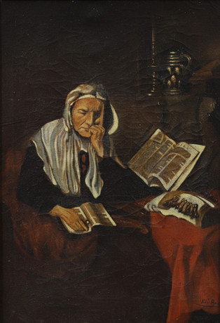 OIDENTIFIERAD KONSTNÄR. Läsande äldre kvinna, olja på duk, signerad, 1800-tal. på auktion hos Växjö Auktionskammare