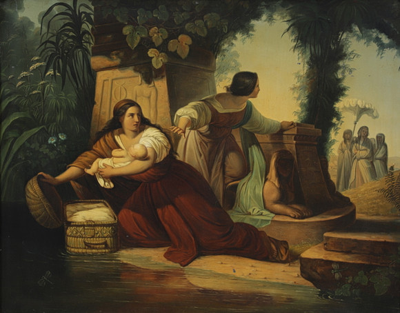 OKÄND KONSTNÄR. Mose upptäcktes vid floden Nilen, olja på plåt, osignerad, 1800-tal. på auktion hos Växjö Auktionskammare