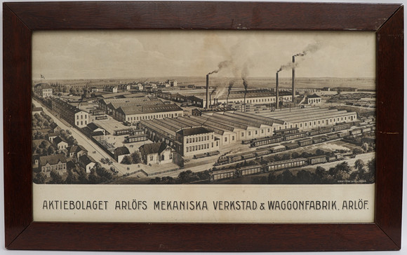 PLANSCH, Aktiebolaget Arlöfs mekaniska verkstad och waggon fabrik. Inramat. på auktion hos Falun Auktionsbyrå