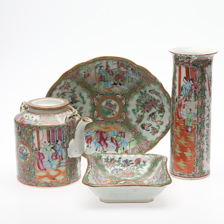 PARTI PORSLIN, 4 st. Canton famille rose, Kina, 1850-90 tal. på auktion hos Örebro Stadsauktioner