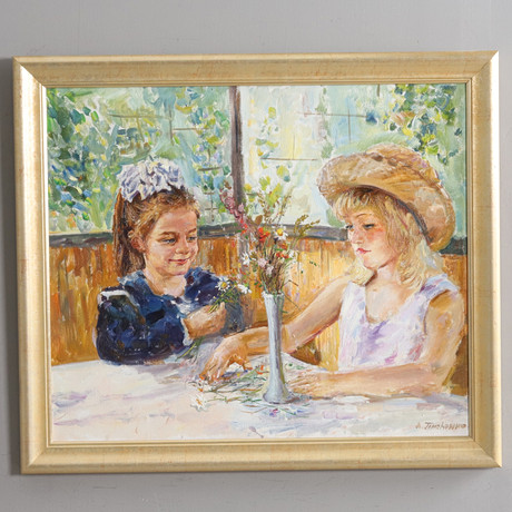 ALEX TIMCHENKO. OLJA PÅ DUK, flickor med blomster, signerad. på auktion hos Örebro Stadsauktioner