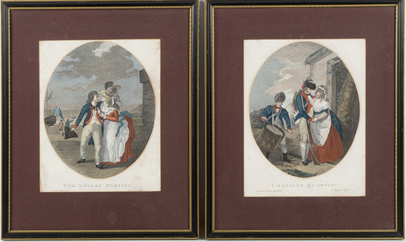 A RAGONA. Handkolorerade gravyrer "Changing Quarters", och "The lovers parting", 1800-tal. på auktion hos Stockholms Auktionsverk Helsingborg