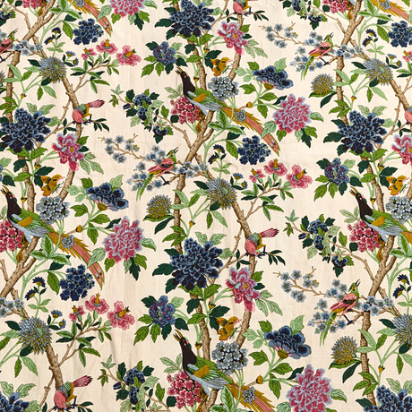 GP & J BAKER, "Hydrangea Bird", gardinlängder, 2 st., linne, 1900-talets slut. på auktion hos Crafoord Auktioner Stockholm