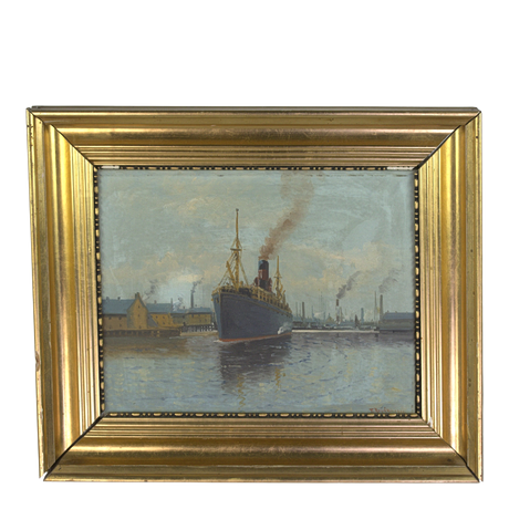 THORVALD RYGAARD. Olja på duk, ångfartyg på väg ut ur hamn, otydlig signatur. på auktion hos Höganäs Auktionsverk