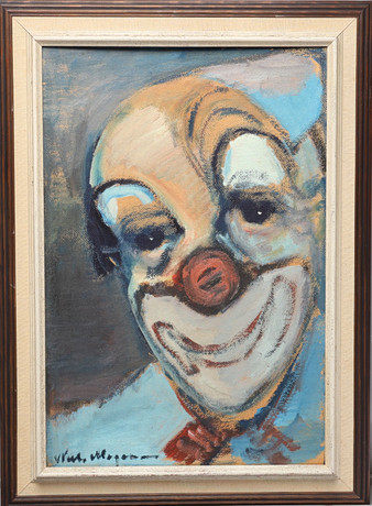 NIELS MOGENSEN. Olja på pannå, clownmotiv, signerad. på auktion hos Gomér & Andersson Jönköping
