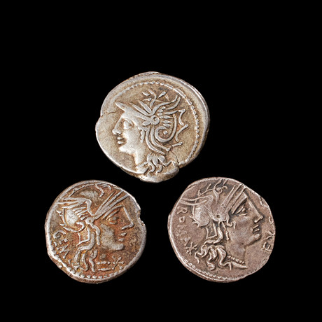 SILVERMYNT 3 st, romersk republik Lucius Appuleius Saturninus, denarius, Aburius Geminus, denarius, präglad i på auktion hos Stockholms Auktionsverk Sickla