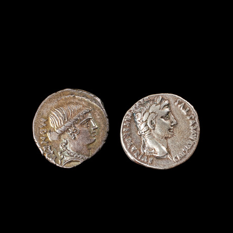 SILVERMYNT 2 st, Augustus, romersk kejsare 27 f Kr-14 e kr, denarius präglad i Lyon, romersk republik, Carisiu på auktion hos Stockholms Auktionsverk Sickla