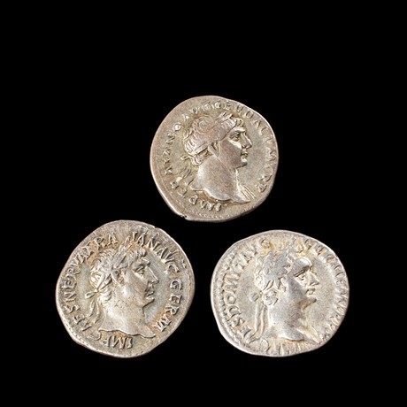 SILVERMYNT, 3 st, romerska, Trajanus, denarer, präglade i Rom mellan 103-112, Domitianus, denarius präglad 91. på auktion hos Stockholms Auktionsverk Sickla
