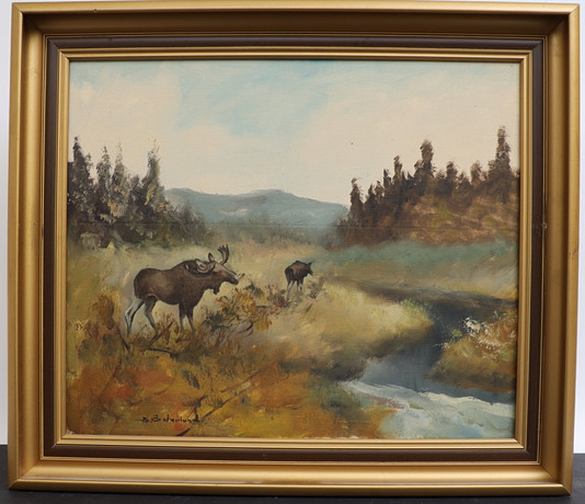 BERT ÖSTERLUND. Skogsbild med älgar, oljemålning på duk, signerad. på auktion hos Falun Auktionsbyrå