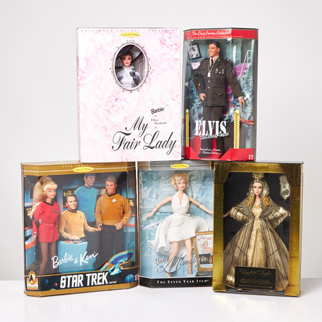 MATTEL, 5 st, "Elvis The Army Years" 1999, "Barbie as Marilyn" 1997, "Elizabeth Taylor i Cleopatra" 1999, "Bar på auktion hos Stockholms Auktionsverk Sickla