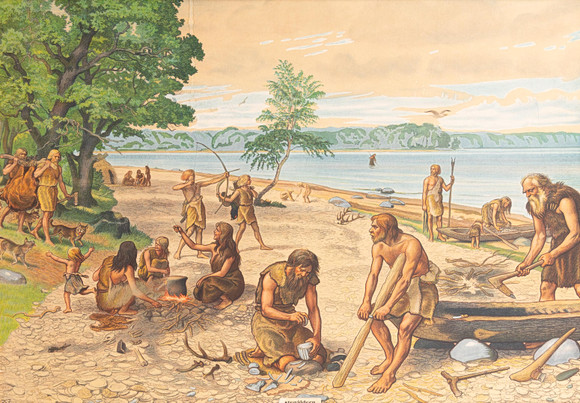 SKOLPLANSCH, Stenåldern, litografiskt tryck, 1900-talets mitt. på auktion hos Garpenhus Auktioner