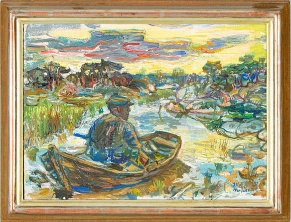SVEN LIDBERG. Nude bather in a rowing boat, color lithograph no EA