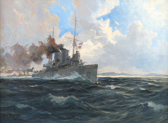 PAUL TESCHINSKY. Oljemålning på duk. Pansarskeppet Manligheten. Signerad och daterad 1916. på auktion hos Skånes Auktionsverk