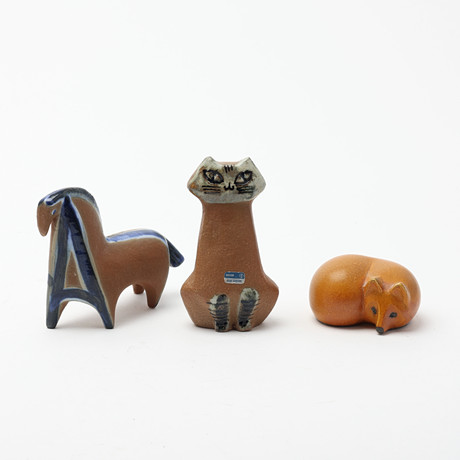 LISA LARSON. Figurines, 2 cat & fox, from the series Lilla Zoo