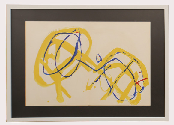 PIERRE TAL-COAT. Litografi ur Derriere Le Miroir, komposition i gult/blått, märkt Tal-Coat, ,nr 131, år 1962. på auktion hos Limhamns Auktionsbyrå