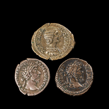 SILVERMYNT, 3 st, romerska, Plautilla, denarius präglad i Rom 202-205, Lucius Verus, denarius präglad i Armeni på auktion hos Stockholms Auktionsverk Sickla