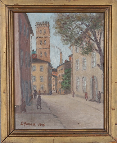 OIDENTIFIERAD KONSTNÄR. olja på pannå, signerad E. Asplund, daterad 1948. på auktion hos Gomér & Andersson Norrköping