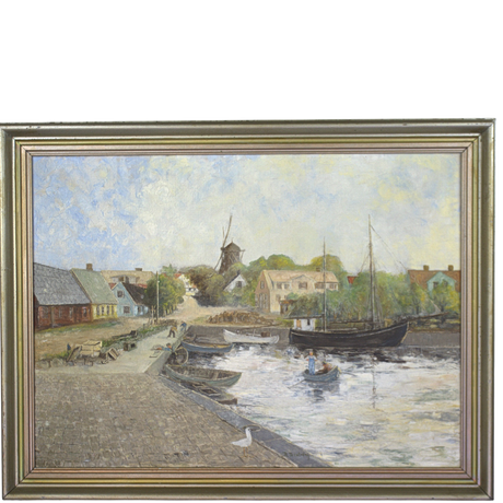 BROR TELLSTRÖM. Olja på duk, hamnbild med båtar och hus, signerad, 1900-tal. på auktion hos Höganäs Auktionsverk