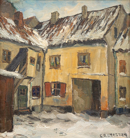 CARL OSCAR LARSSON. Innergård, olja på pannå, signerad. på auktion hos Garpenhus Auktioner