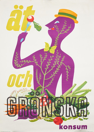 AFFISCH. Konsum, "ät och grönska", Olle Svenssons reklamateljé, 1960 tal. på auktion hos Stockholms Auktionsverk Sickla