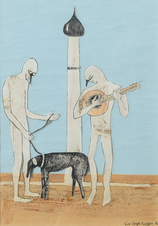 GULL-BRITT KARLSSON. Surrealistiskt motiv, blandteknik, signerad samt daterad -83. på auktion hos Formstad Auktioner