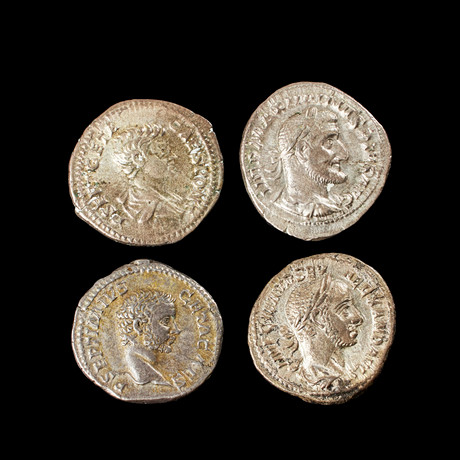 SILVERMYNT, 4 st, romerska Caracalla, denarius präglad i Rom 200-202, Maximinus I Thrax denarius präglad 235-2 på auktion hos Stockholms Auktionsverk Sickla