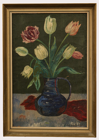 OIDENTIFIERAD KONSTNÄR. Olja på duk, stilleben med blommor i vas, signerad Einar Schoultz, 1920. på auktion hos Limhamns Auktionsbyrå