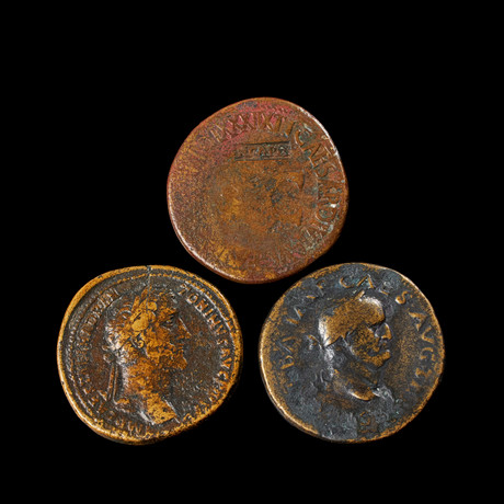 BRONSMYNT, 3 st, Hadrianus, sestertius, präglad i Rom 117, Galba, 68-69, Tiberius, sestertius präglad i Rom 36 på auktion hos Stockholms Auktionsverk Sickla