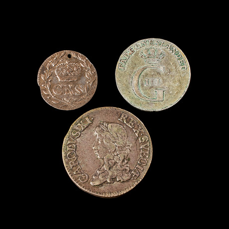 SILVERMYNT, 3 st, svenska, Karl XI 2 mark 1671, 2 öre silvermynt 1717, Gustaf III, 16 öre 1774. på auktion hos Stockholms Auktionsverk Sickla