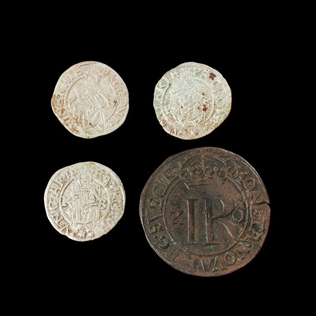 SILVERMYNT samt KOPPARMYNT, 4 st, Ungern 1532, 1563 samt 1571, Sverige Johan III 2 öre 1591. på auktion hos Stockholms Auktionsverk Sickla