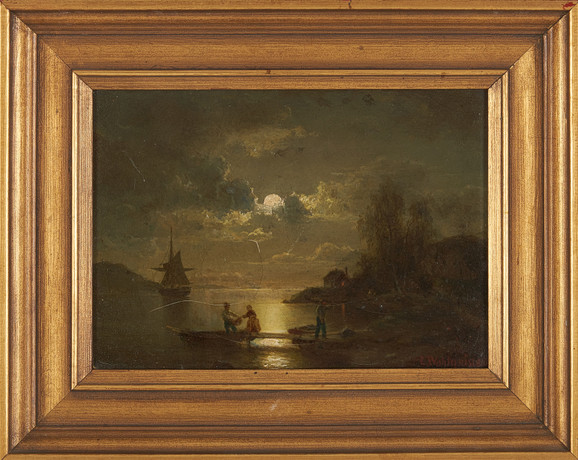 ERNFRIED WAHLQVIST (1814-1895). Månskenslandskap med figurer och båt, olja på duk, signerad. på auktion hos Stockholms Auktionsverk Sickla