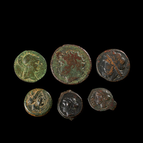BRONSMYNT, 6 st Magna Graecia, bl a Hemiltron, präglad på Sicilien c 419-411 f Kr. på auktion hos Stockholms Auktionsverk Sickla