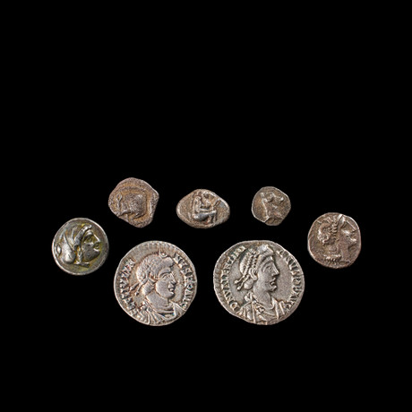 SILVERMYNT, 7 st, grekiska och hellenistiska och romerska, bl a Julianus II siliqua präglad 360-363, Maximus s på auktion hos Stockholms Auktionsverk Sickla