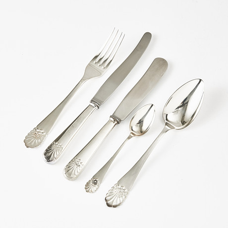 BESTICK, 44 dlr., silver, MGAB, Uppsala, 1900-talets mitt, modell "Snäck". på auktion hos Stockholms Auktionsverk Magasin 5