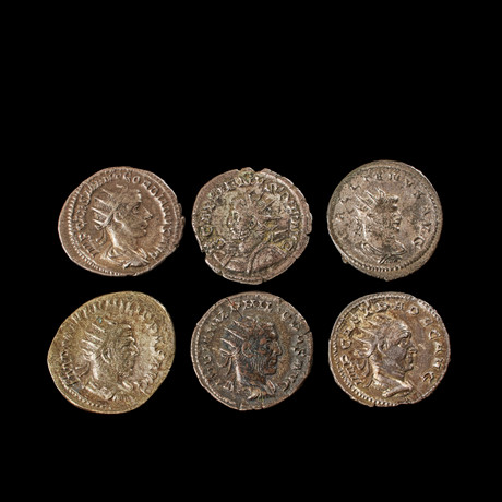 SILVERMYNT 6 st, romerska bl a Gallenus, antoninianus präglad 258-259, Aemilianus, antoninanus, präglad ca 253 på auktion hos Stockholms Auktionsverk Sickla