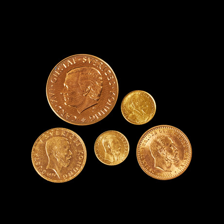 GULDMYNT, 5 st, Oscar II 5 kr 1901, Gustav V 5 kr 1920, minnesmynt Sverige-Delaware 1988, Maximilian Österrike på auktion hos Stockholms Auktionsverk Sickla