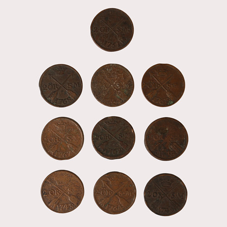 KOPPARMYNT, 10 st, 2 Öre, Fredrik I, och Adolf Fredrik, Sverige, start år 1744-1767. på auktion hos Limhamns Auktionsbyrå