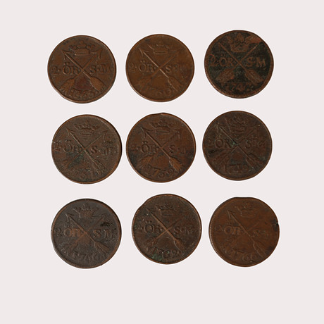 KOPPARMYNT, 9 st, 2 Öre, Fredrik I, och Adolf Fredrik, Sverige, start år 1747-1766. på auktion hos Limhamns Auktionsbyrå