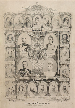 "Sveriges Regenter (Från o. med Vasaätten)", grafiskt blad, Plansch & Litteratur Aktiebolaget, Stockholm, 1800 på auktion hos Markus Auktioner