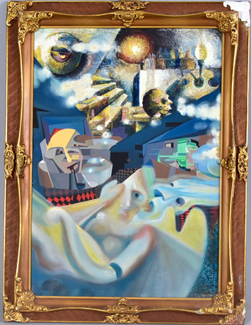 OIDENTIFIERAD KONSTNÄR. oljemålning på duk, surrealistisk komposition. på auktion hos Halmstads Auktionskammare