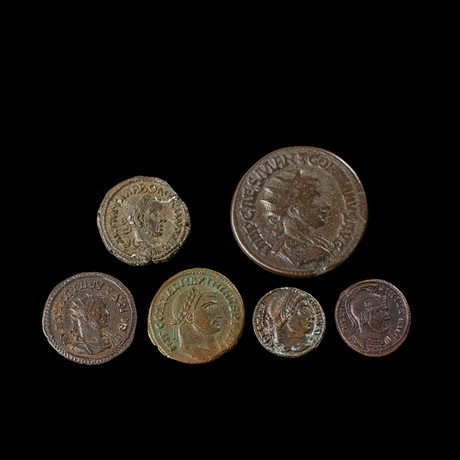 BRONSMYNT, 6 st, senromerska bl a Konstantin I, follis präglad 319-320. på auktion hos Stockholms Auktionsverk Sickla