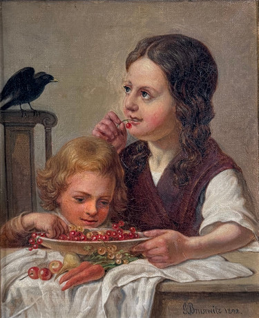 GUSTAF BRUSEWITZ (1812-1899). Barn med fågel och bär, olja på duk, signerad och daterad 1892. på auktion hos Skandia Auktion