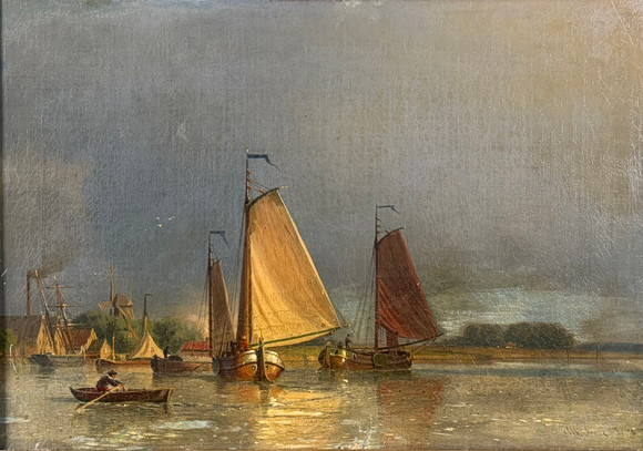 ALBERT BERG (1832-1916). Båtar vid kust, olja på duk, signerad och daterad 58. på auktion hos Skandia Auktion