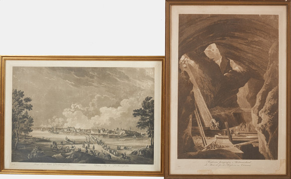 JOHAN FREDRIK MARTIN. Akvatint, 2 st, Drottningholm, Högborns järngruva, 1700-tal. på auktion hos Stockholms Auktionsverk Sickla