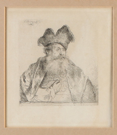 REMBRANDT VAN RIJN. EFTER. Etsning. "Old man with divided fur hat". Signerad i trycket. Senare avdrag. på auktion hos Skånes Auktionsverk