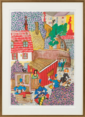 MARIKA LANG. Gårdsscen med figurer, färglitografi, signerad och numrerad 110/180. på auktion hos Göteborgs Auktionsverk