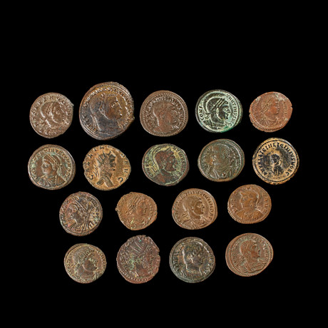 BRONSMYNT, 18 st, senromerska, 200-400 e Kr. på auktion hos Stockholms Auktionsverk Sickla