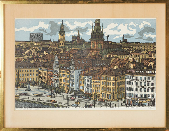 SVENOLOV EHRÉN. Gamla stan, träsnitt, signerad, daterad 76 och numrerad 221/360. på auktion hos Stockholms Auktionsverk Sickla