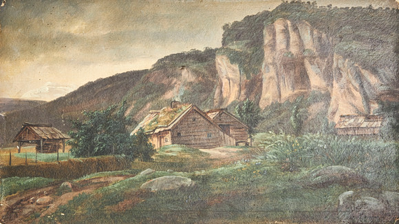 JACOB MATHIAS CALMEYER (1802-1883). Landskap med gårdsmotiv, olja på papper. på auktion hos Stockholms Auktionsverk Magasin 5