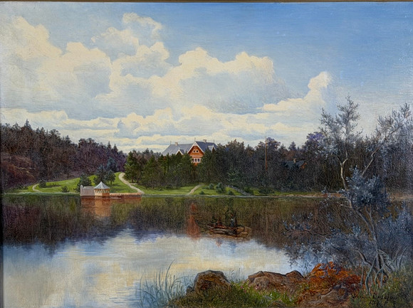VIRGINIA LARSSON (1844-1893). Insjölandskap med figurer i eka, olja på duk, signerad och daterad 1867. på auktion hos Skandia Auktion